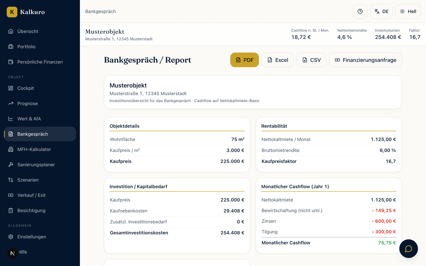 Kalkuro Bankgespräch-Report mit Kennzahlen und Cashflow